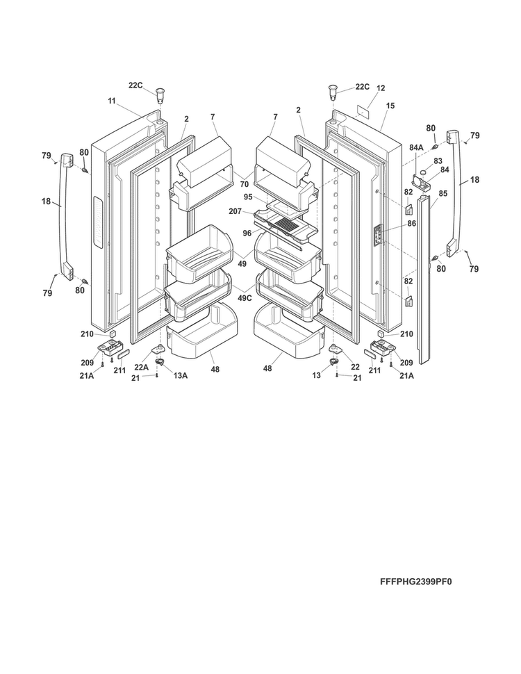 Fresh Food Door Diagram and Parts List for FPHG2399PF2A  Frigidaire Refrigerator