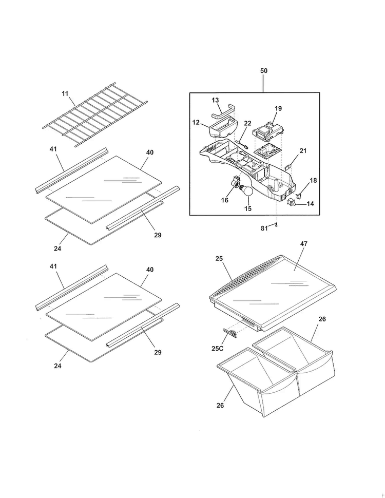 Shelves Diagram and Parts List for FFTR18G2QW1  Frigidaire Refrigerator