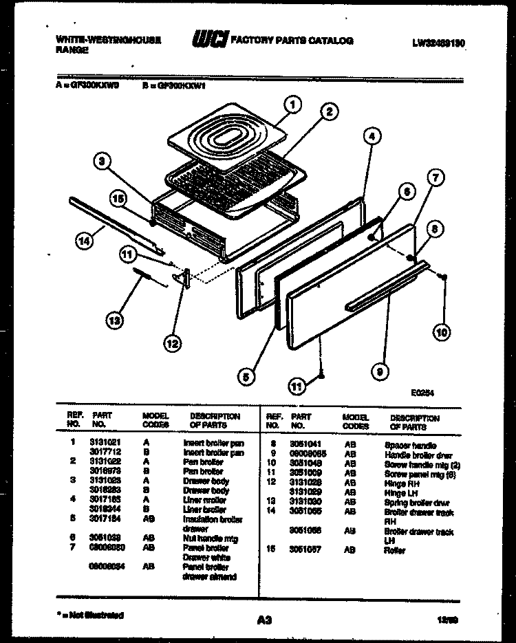 BROILER DRAWER PARTS Diagram and Parts List for GF300KXW1  Frigidaire Range
