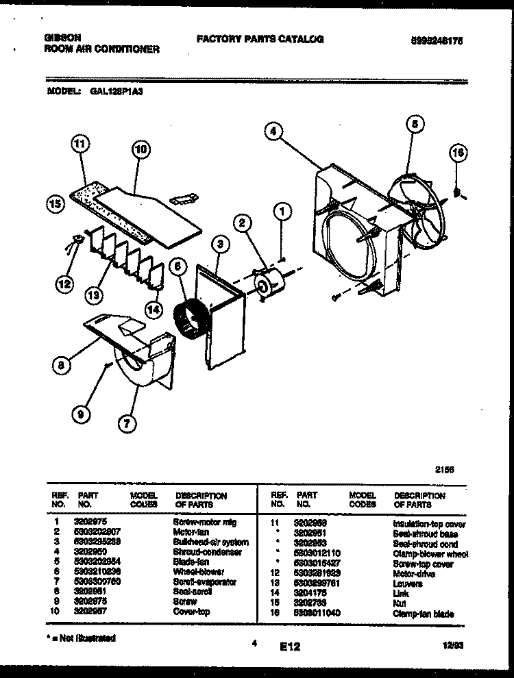 AIR HANDLING PARTS Diagram and Parts List for GAL128P1A3  Gibson Air Conditioner