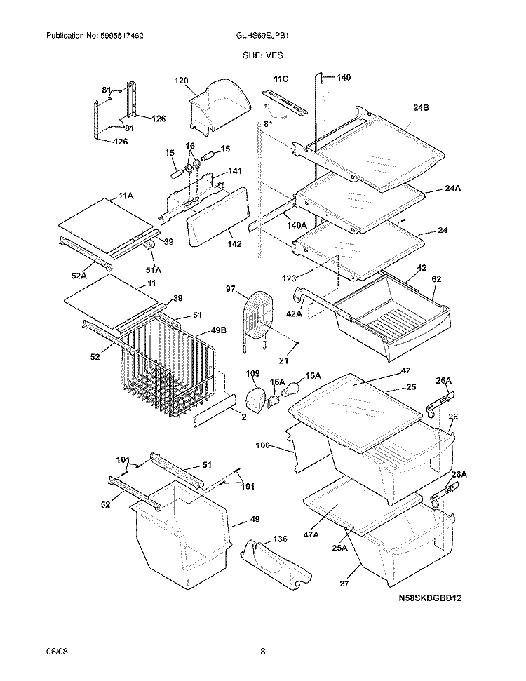 SHELVES Diagram and Parts List for GLHS69EJPB1  Frigidaire Refrigerator