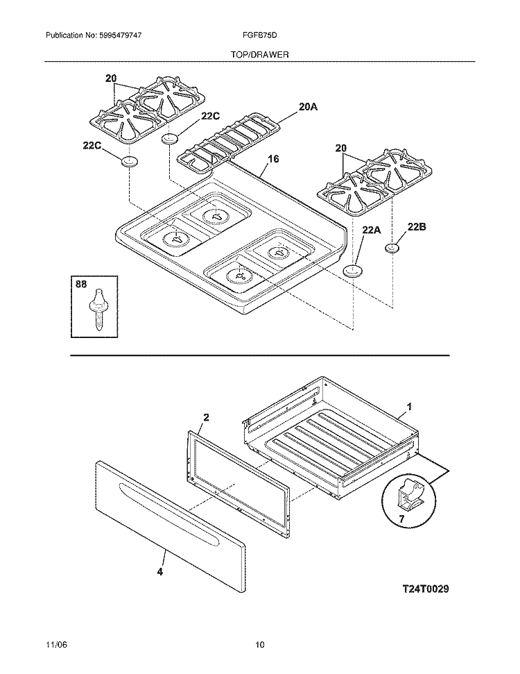 TOP / DRAWER Diagram and Parts List for FGFB75DBG  Frigidaire Range
