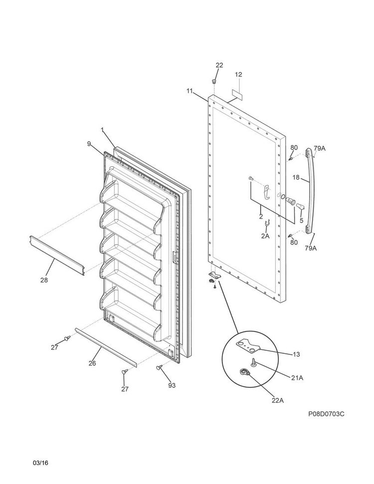 Door Diagram and Parts List for FFFU17M1QWB  Frigidaire Freezer