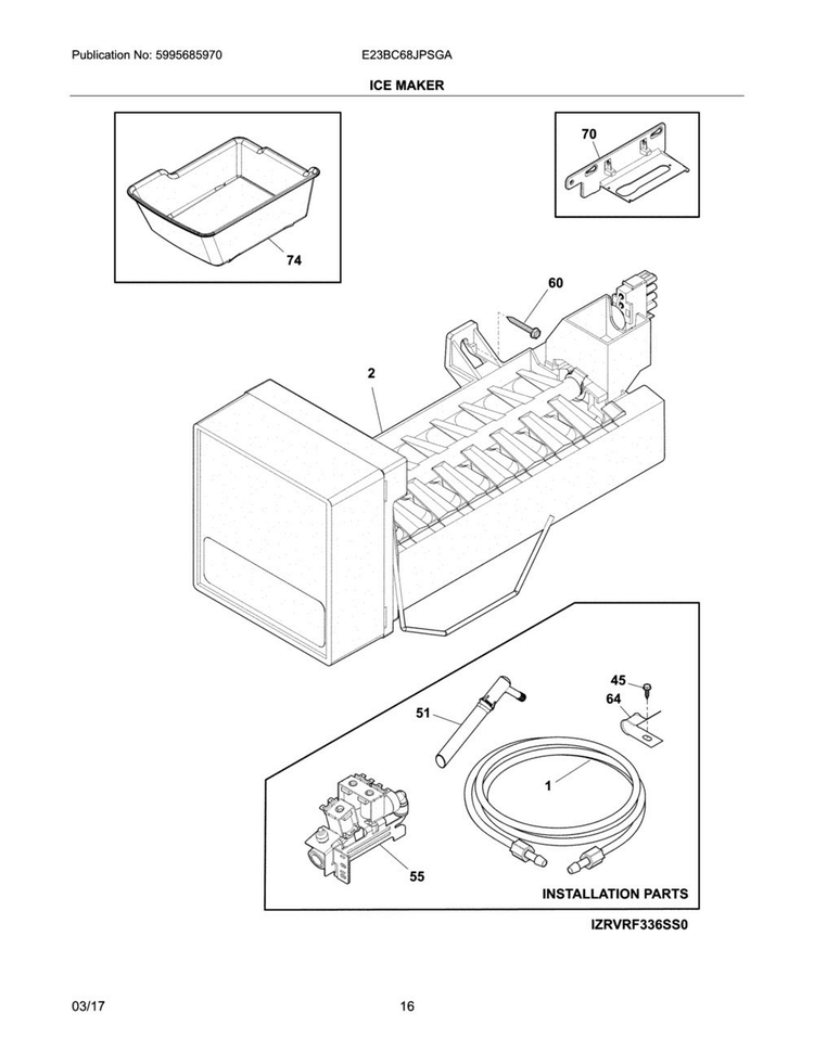 Ice Maker Diagram and Parts List for E23BC68JPSGA  Electrolux Refrigerator