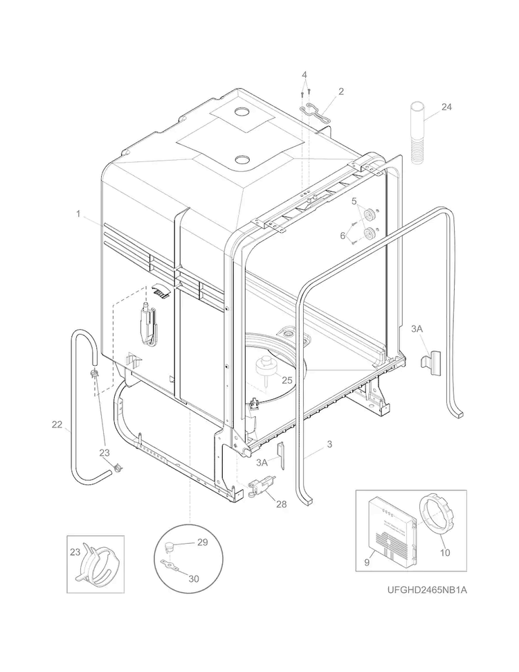 Tub Diagram and Parts List for FGID2466QF2A  Frigidaire Dishwasher