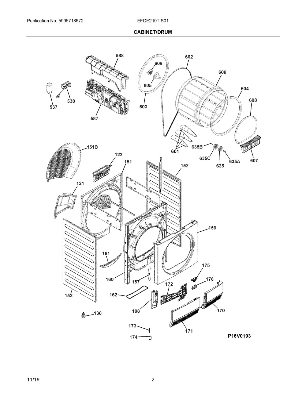 Cabinet/drum Diagram and Parts List for EFDE210TIS01  Frigidaire Dryer
