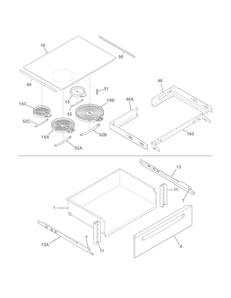 Top/drawer Diagram and Parts List for FFES3025PBA  Frigidaire Range