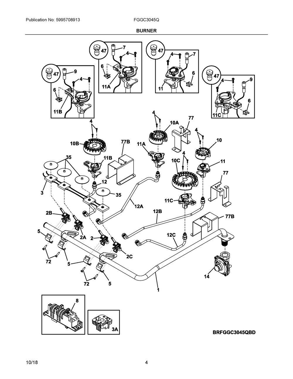 Burner Diagram and Parts List for FGGC3045QSD  Frigidaire Cooktop