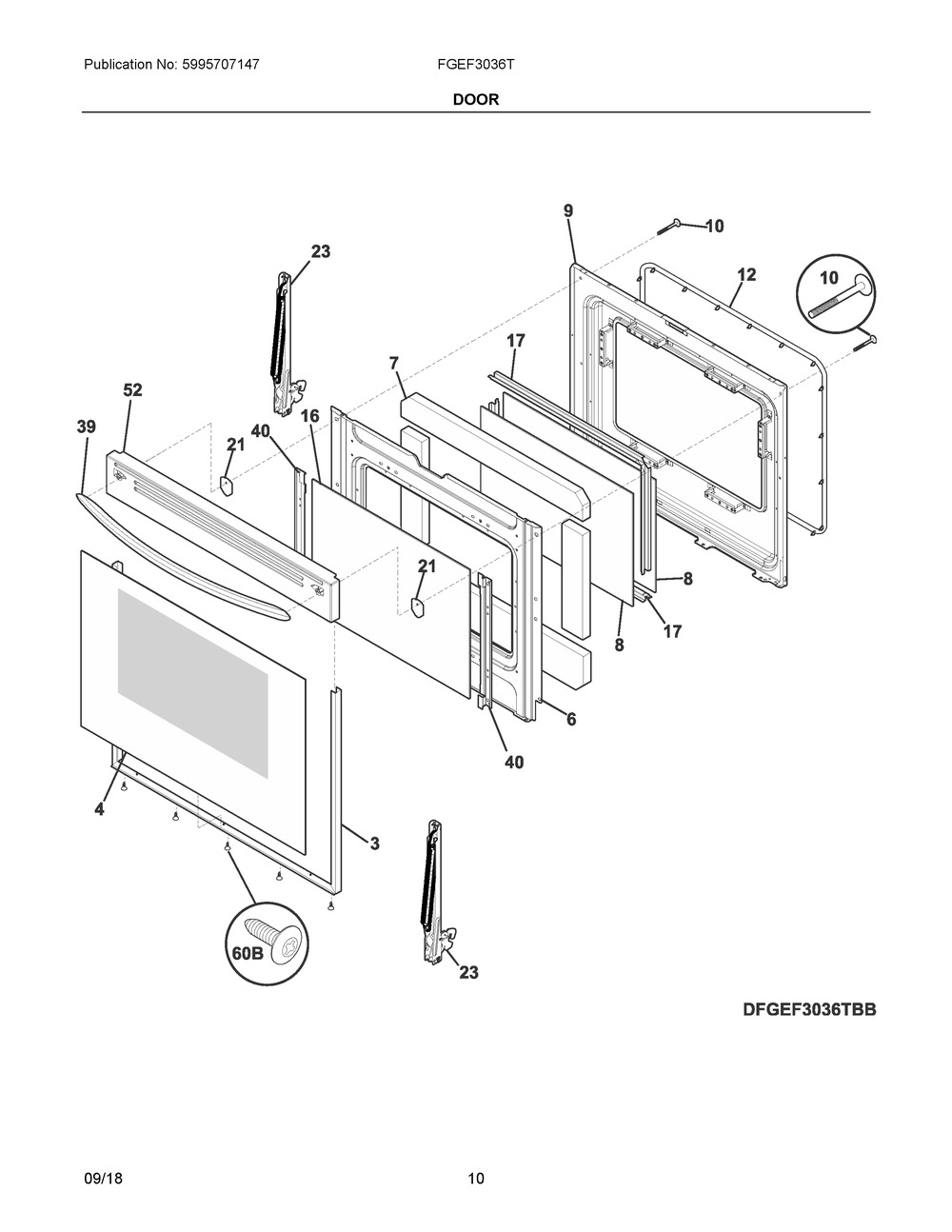 Door Diagram and Parts List for FGEF3036TBF  Frigidaire Range