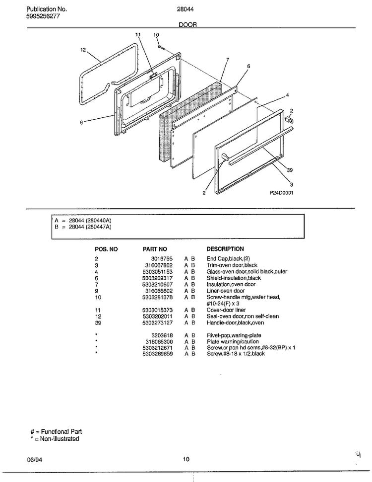 Door Diagram and Parts List for 28044  Frigidaire Range