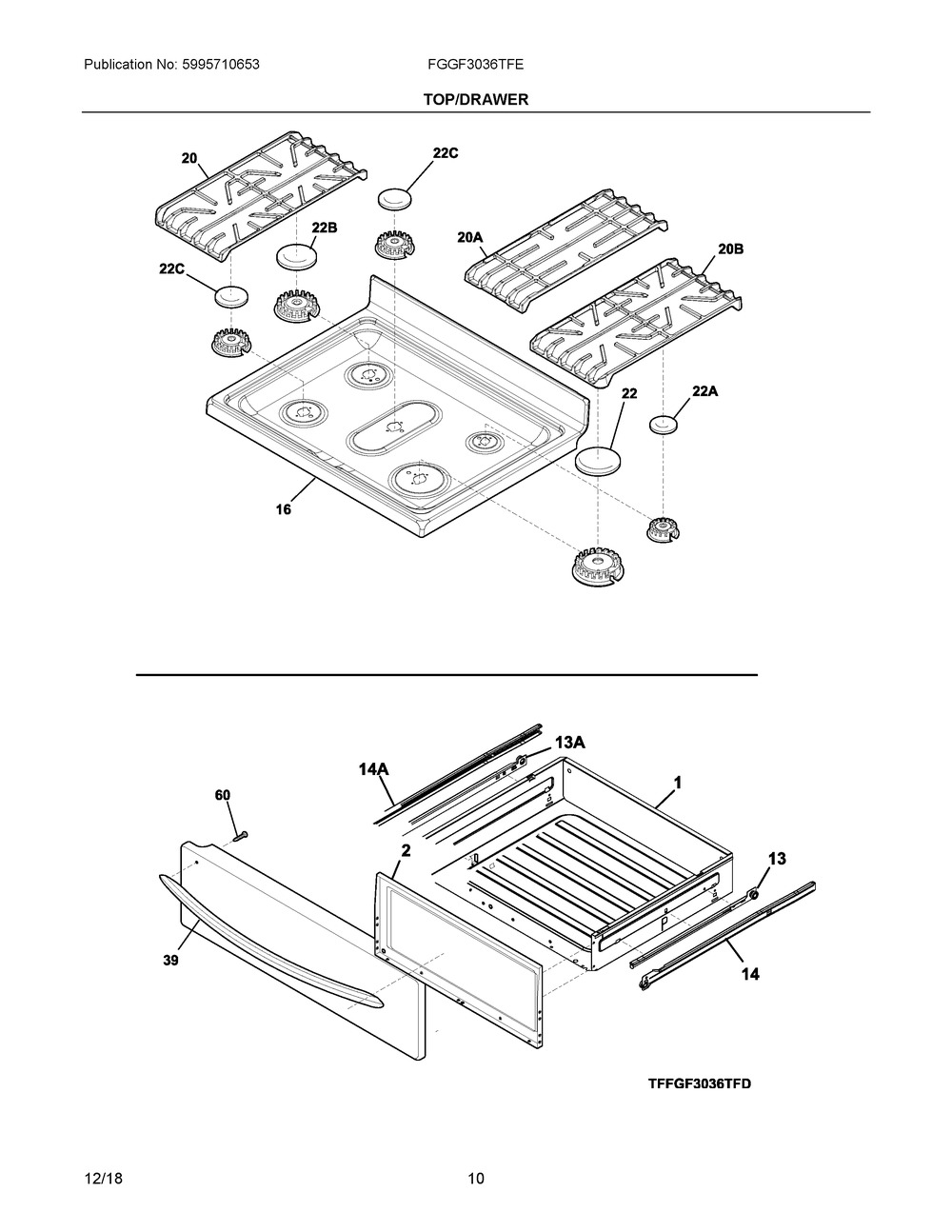Top/drawer Diagram and Parts List for FGGF3036TFE  Frigidaire Range