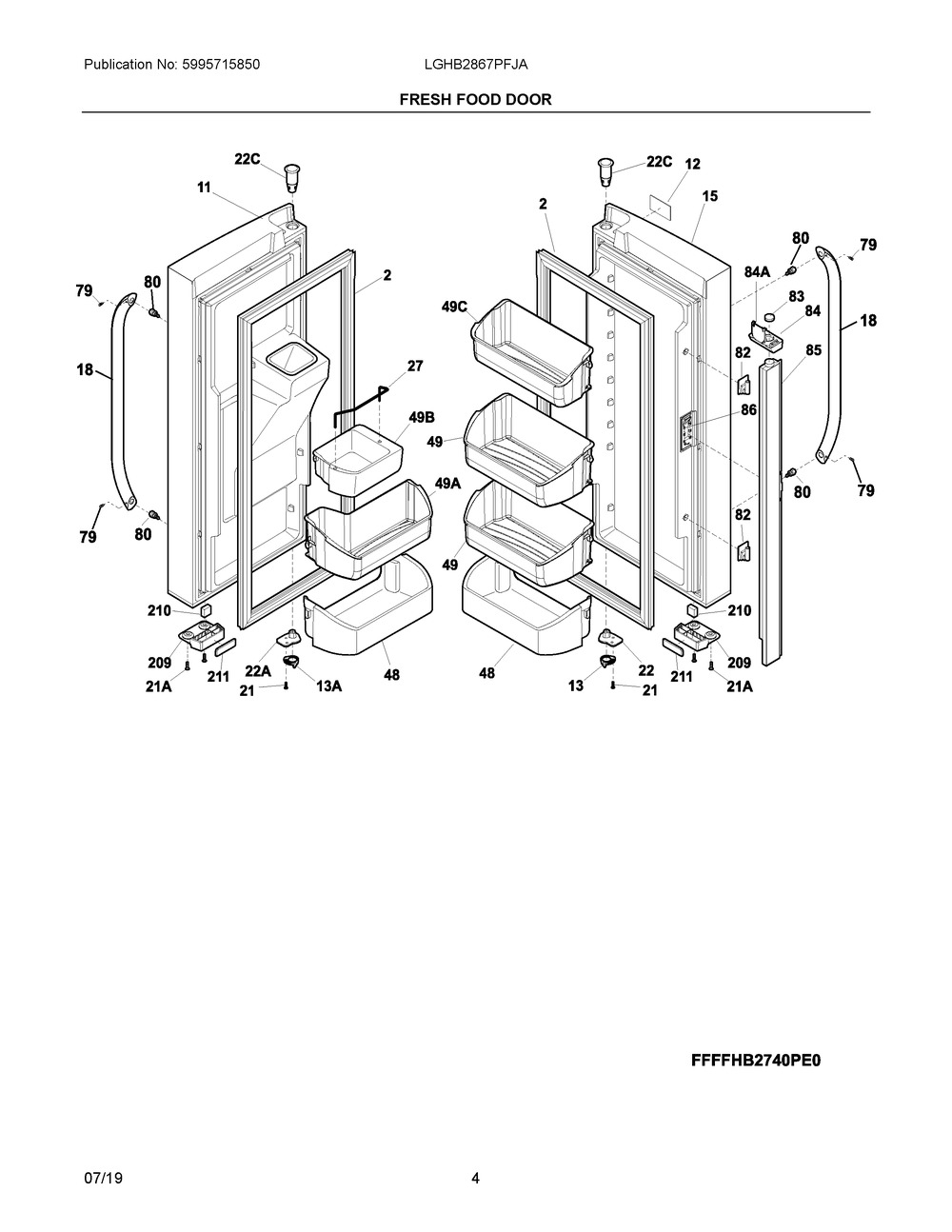 Fresh Food Door Diagram and Parts List for LGHB2867PFJA  Frigidaire Refrigerator