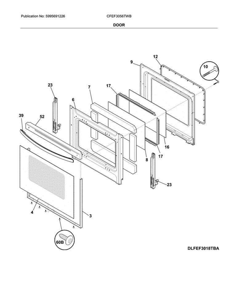 Door Diagram and Parts List for CFEF3056TWB  Frigidaire Range