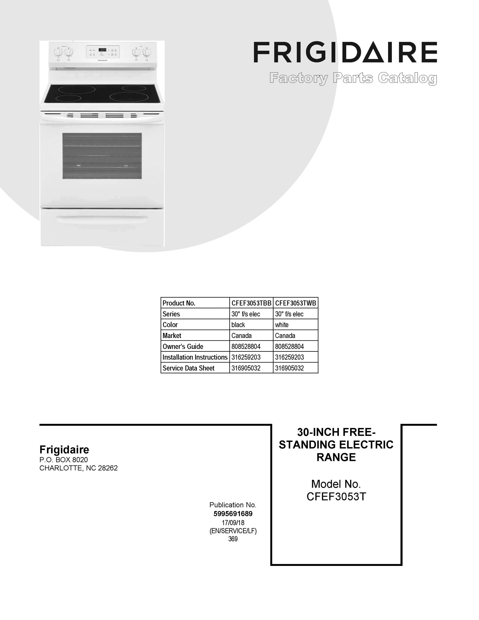 01 - COVER SHEET Diagram and Parts List for CFEF3053TBB  Frigidaire Range