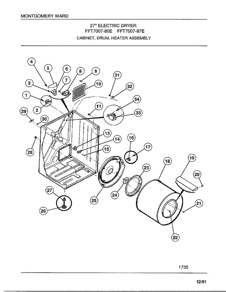 Cabinet/drum/heater Assembly Diagram and Parts List for 7007-87E  Frigidaire Dryer