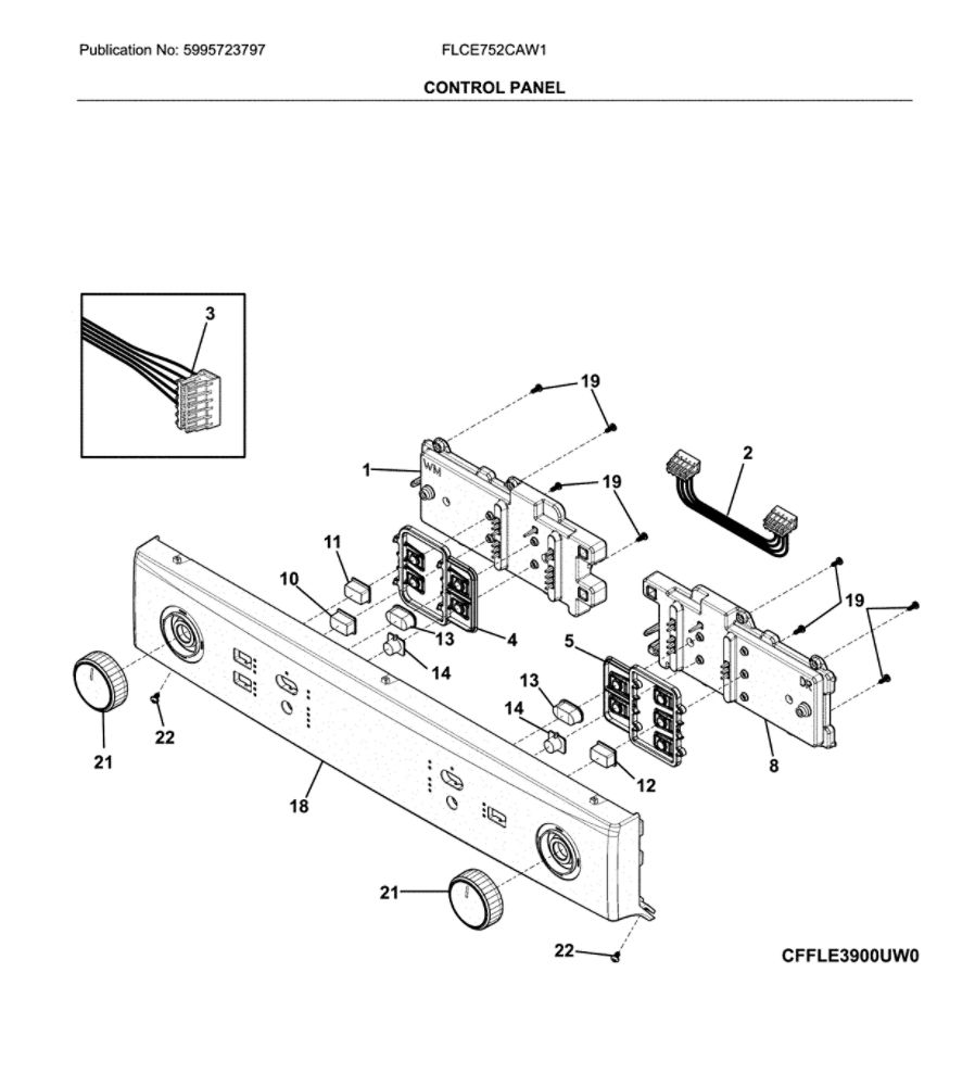 Control Panel Diagram and Parts List for FLCE752CAW1  Frigidaire Washer Dryer Combo