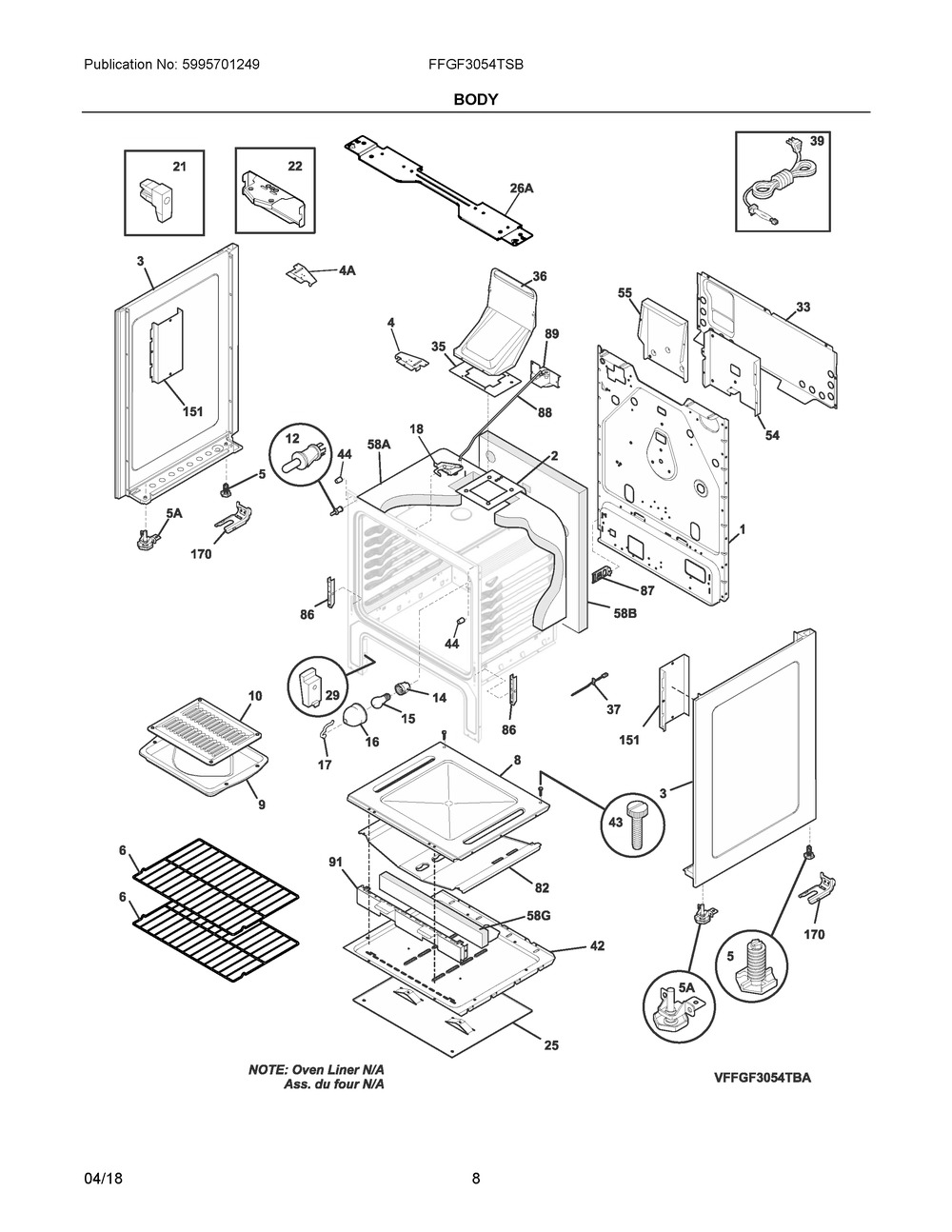 Body Diagram and Parts List for FFGF3054TSB  Frigidaire Range