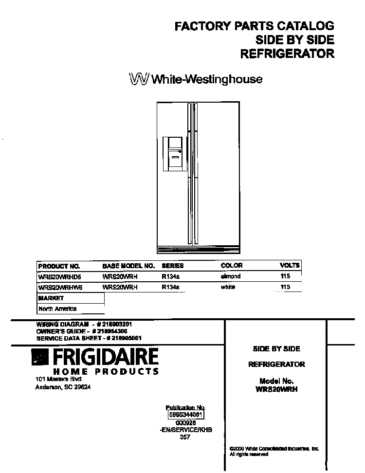 Cover Diagram and Parts List for WRS20WRHW5  Westinghouse Refrigerator