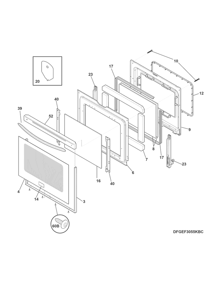 Door Diagram and Parts List for CGEF3058RWA  Frigidaire Range