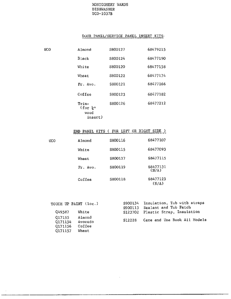 Dishwasher Page 12 Diagram and Parts List for 1037B  Frigidaire Dishwasher