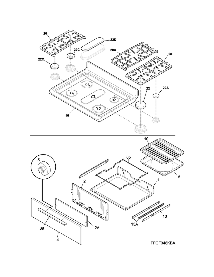 Top/drawer Diagram and Parts List for FFGF3019LBB  Frigidaire Range