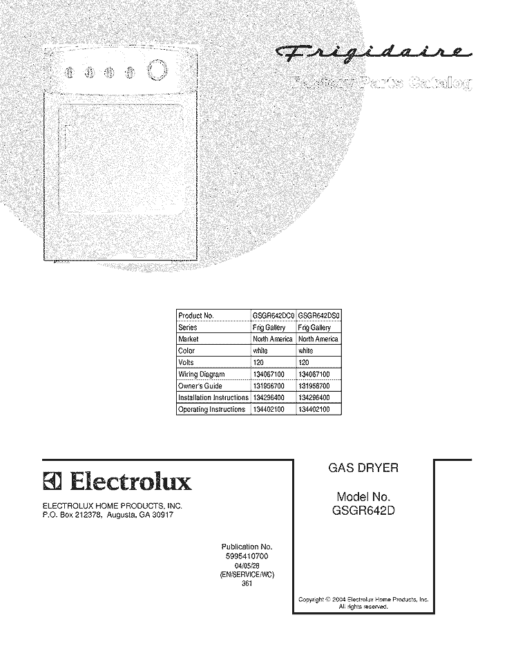COVER Diagram and Parts List for GSGR642DS0  Frigidaire Dryer