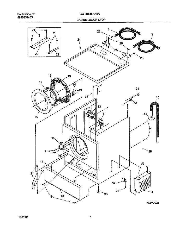 CAB, DOOR, TOP Diagram and Parts List for GWTR645RHS0  Gibson Washer
