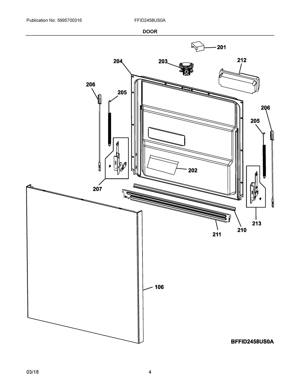 Door Diagram and Parts List for FFID2458US0A  Frigidaire Dishwasher
