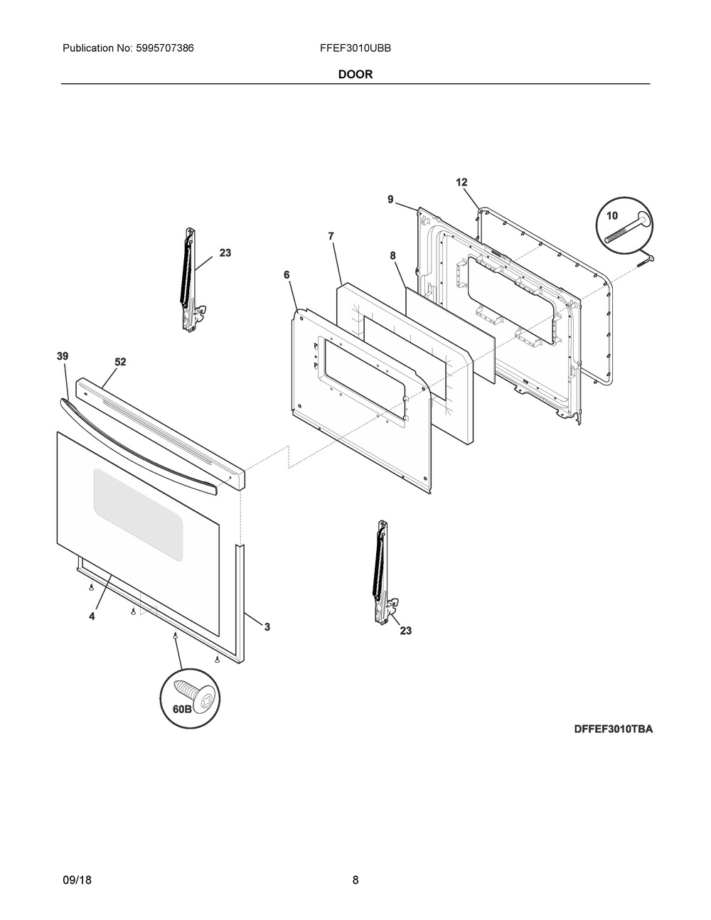 Door Diagram and Parts List for FFEF3010UBB  Frigidaire Range