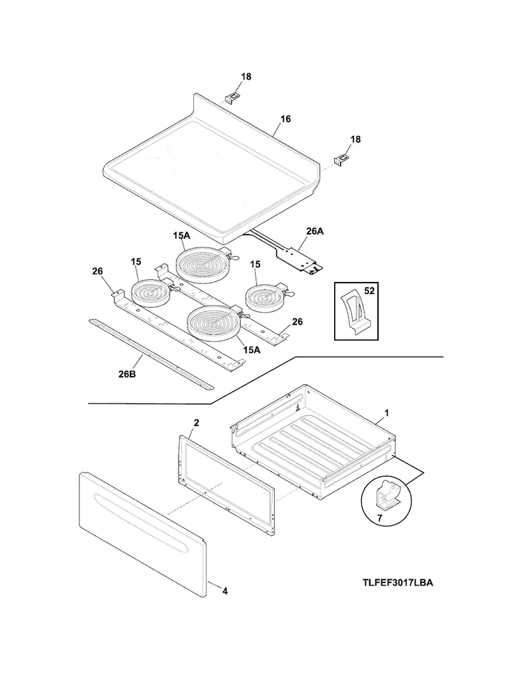 Top/drawer Diagram and Parts List for LFEF3017LBD  Frigidaire Range