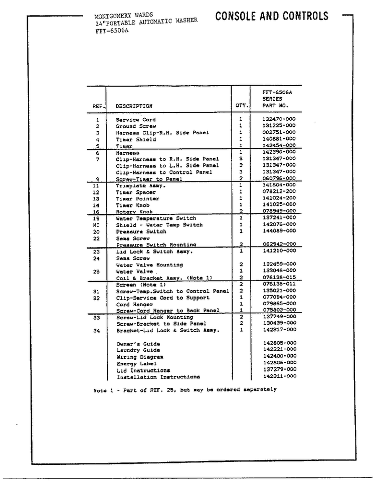 24` Portable/console And Controls Page 2 Diagram and Parts List for 6506A  Frigidaire Washer