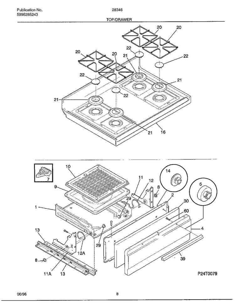 Top/drawer Diagram and Parts List for 283460B  Frigidaire Range