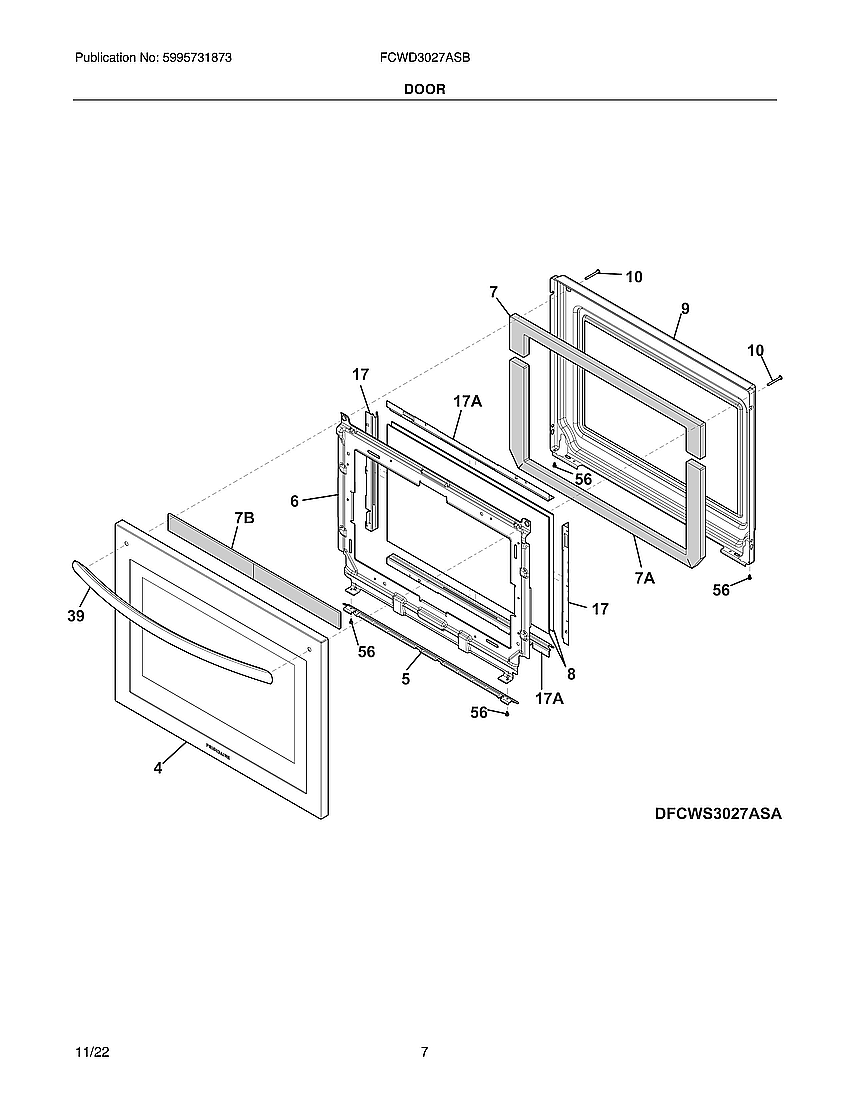 Door Diagram and Parts List for FCWD3027ASB  Electrolux Wall Oven