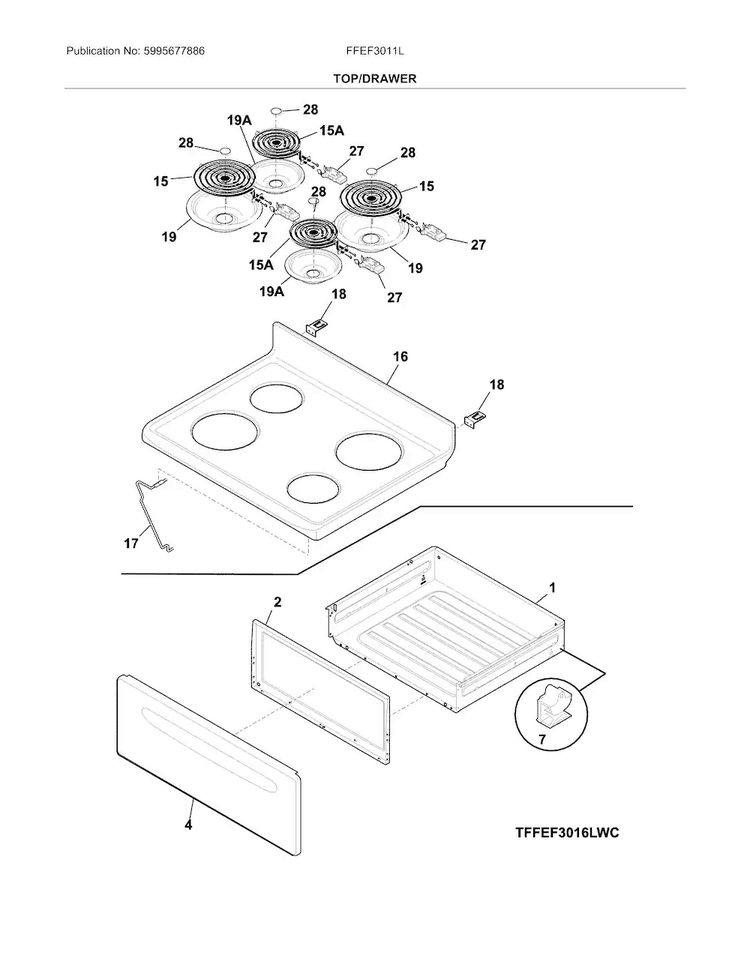 Top/drawer Diagram and Parts List for FFEF3011LBH  Frigidaire Range
