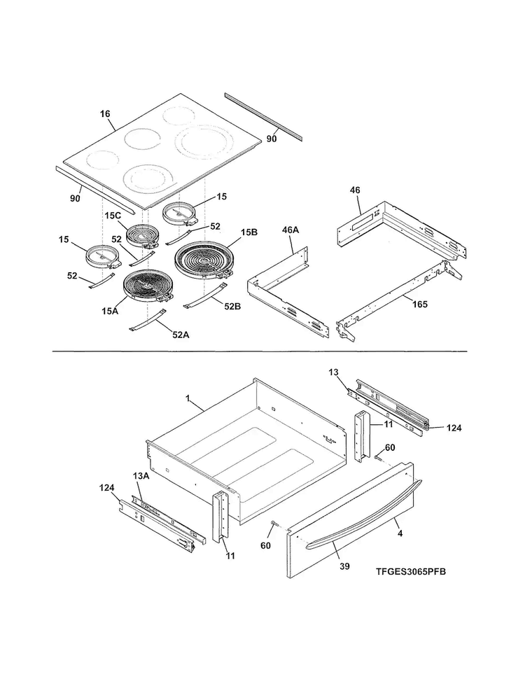 Top/drawer Diagram and Parts List for FGES3065PFC  Frigidaire Range
