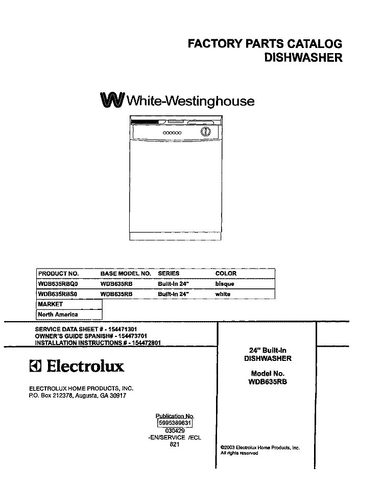 COVER Diagram and Parts List for WDB635RBQ0  Westinghouse Dishwasher