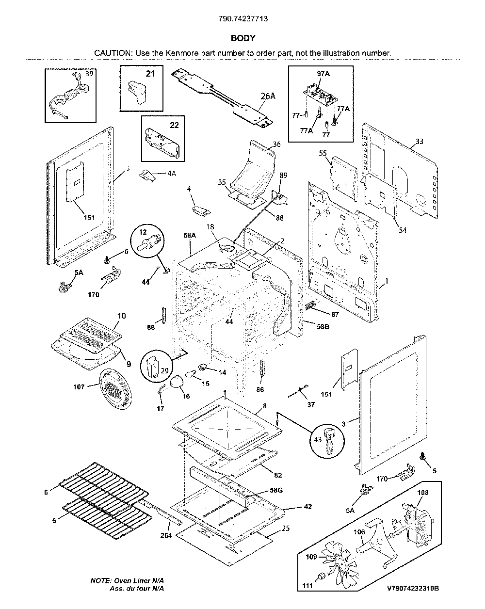 Body Diagram and Parts List for 79074237713  Kenmore Range