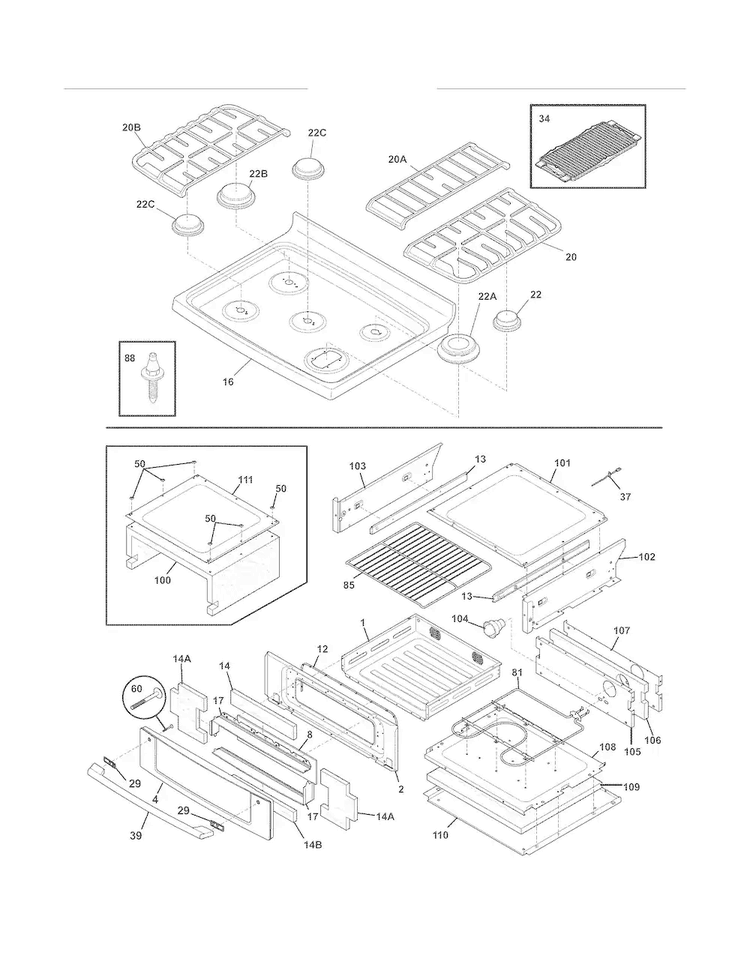 Top/drawer Diagram and Parts List for CEW30GF6GSK  Electrolux Range