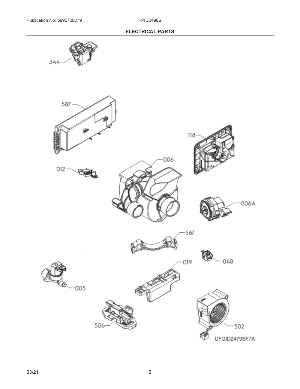 Electrical Parts Diagram and Parts List for FPID2498SF7A  Frigidaire Dishwasher