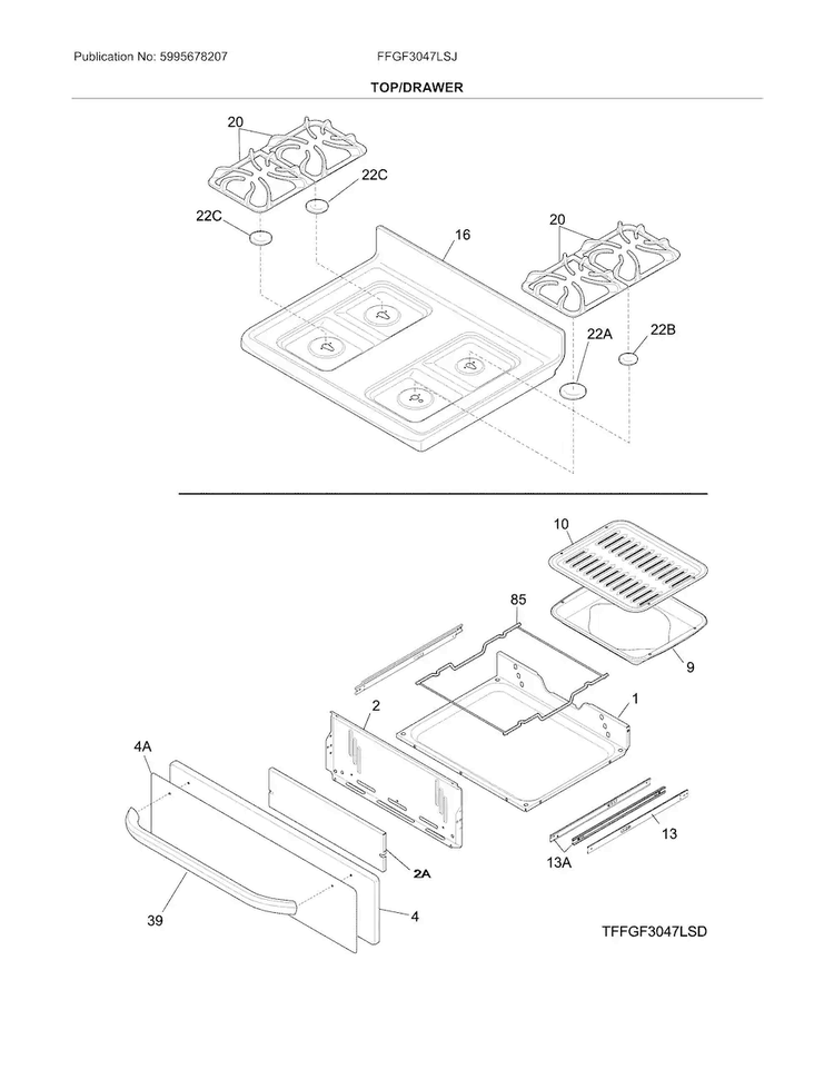 Top/drawer Diagram and Parts List for FFGF3047LSJ  Frigidaire Range