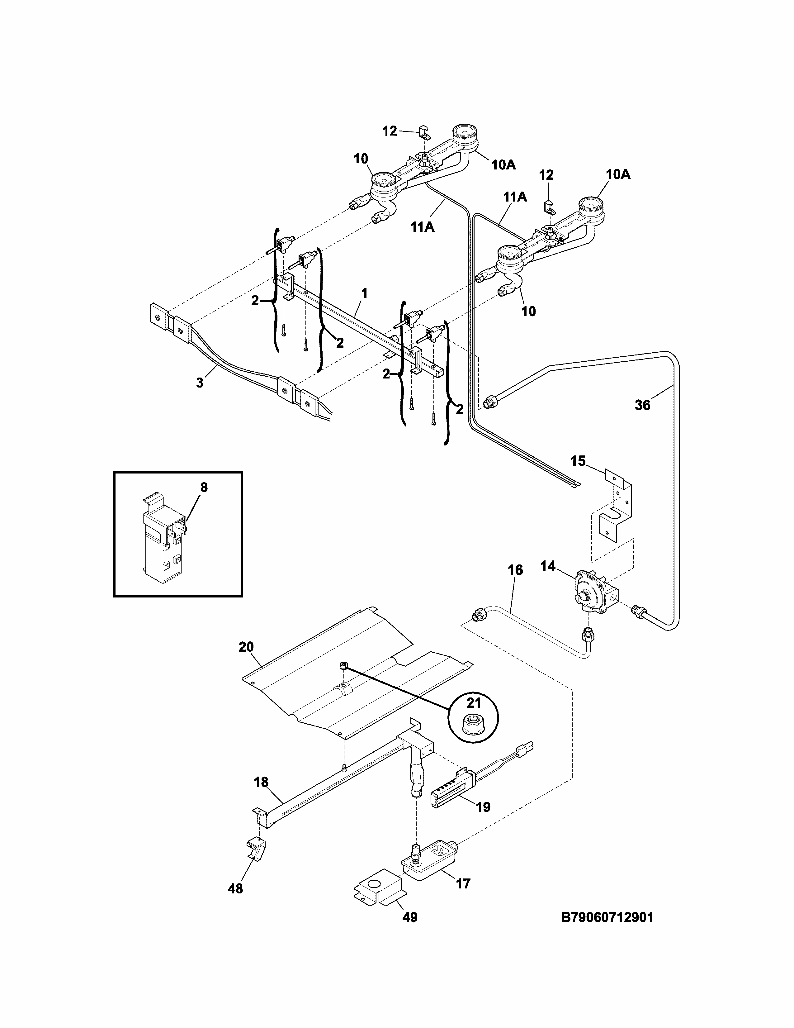 Burner Diagram and Parts List for 79073039313  Kenmore Range