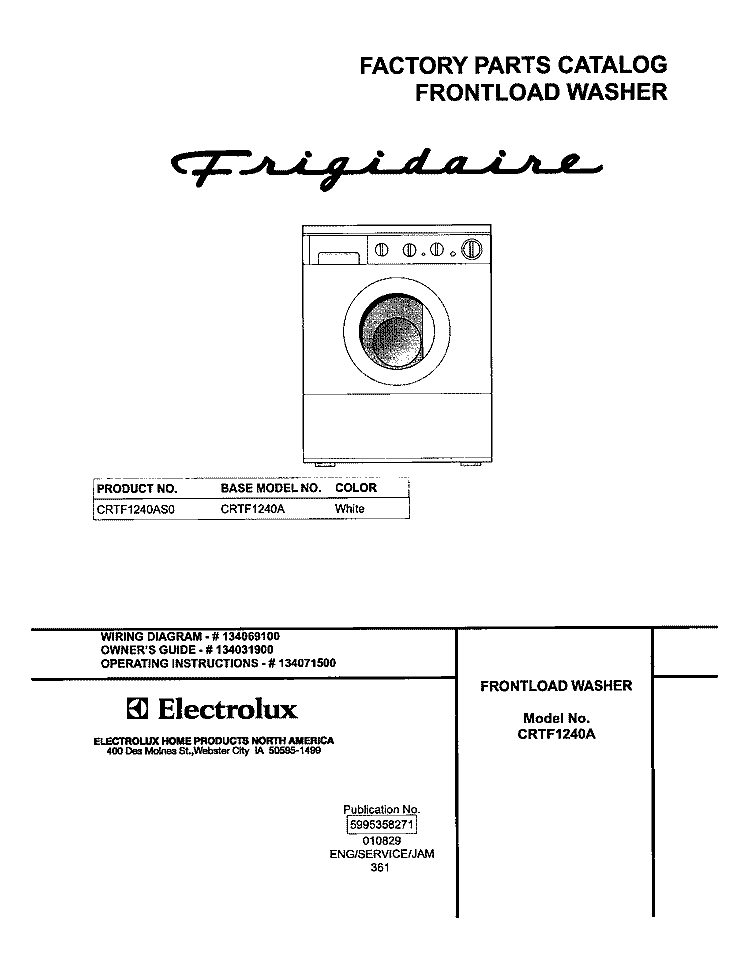 COVER Diagram and Parts List for CRTF1240AS0  Frigidaire Washer