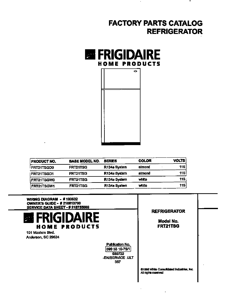 COVER Diagram and Parts List for FRT21TSGD1  Frigidaire Refrigerator