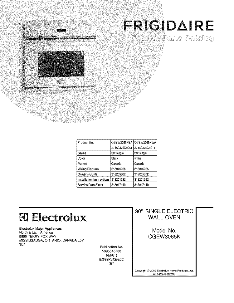 COVER Diagram and Parts List for CGEW3065KBA  Frigidaire Wall Oven