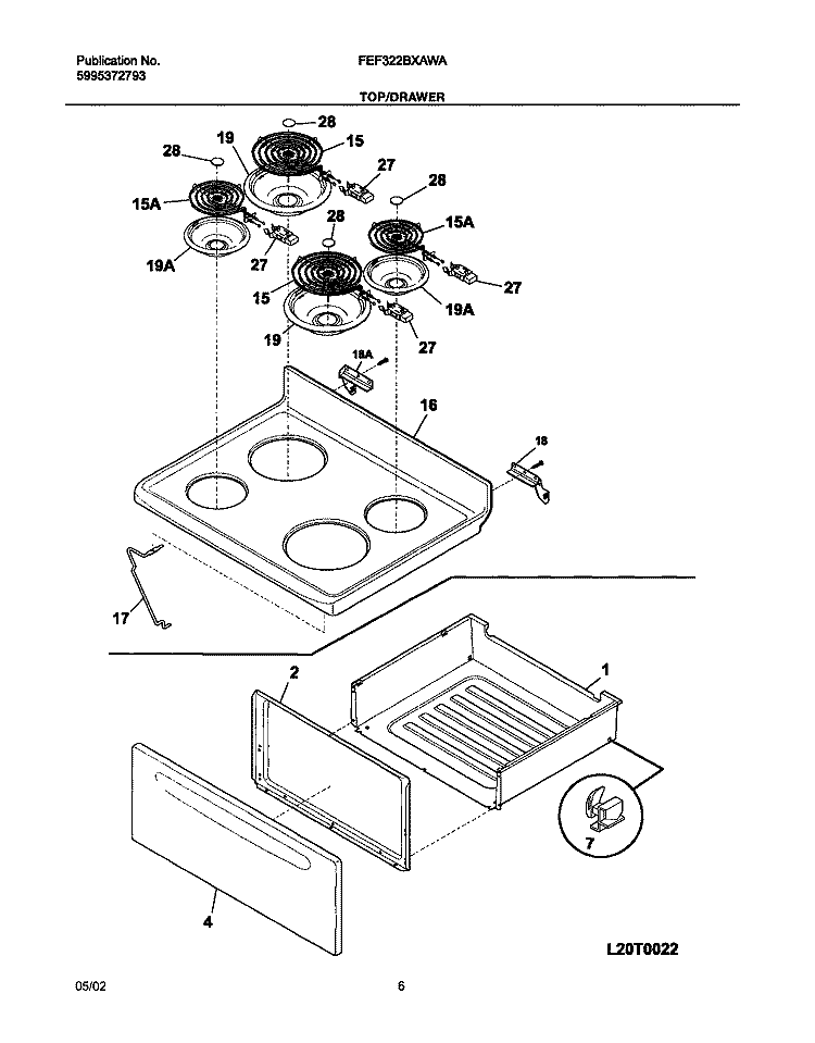 TOP / DRAWER Diagram and Parts List for FEF322BXAWA  Frigidaire Range