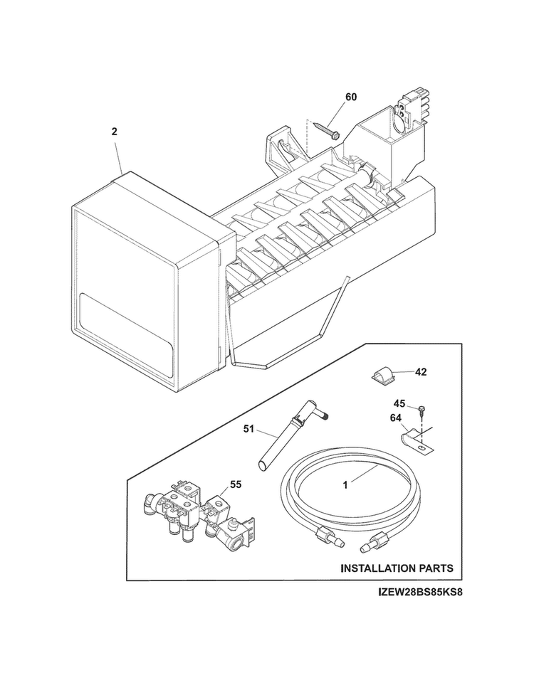 Freezer Ice Maker Diagram and Parts List for EI28BS65KSBA  Electrolux Refrigerator