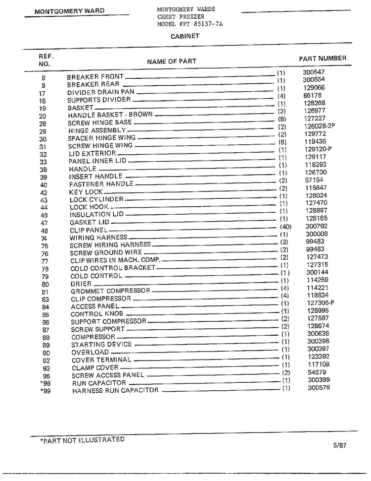 Cabinet Page 2 Diagram and Parts List for 85157-7A  Frigidaire Freezer