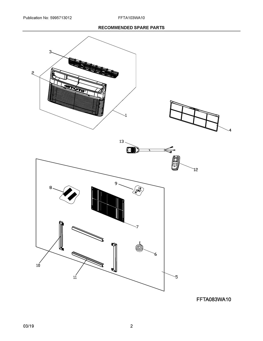 Recommended Spare Parts Diagram and Parts List for FFTA103WA10  Frigidaire Air Conditioner