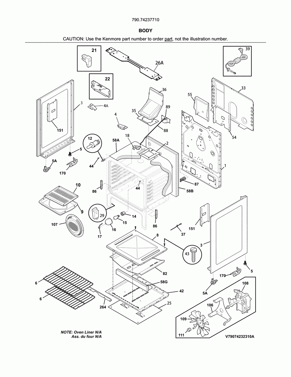Body Diagram and Parts List for 79074237710  Kenmore Range