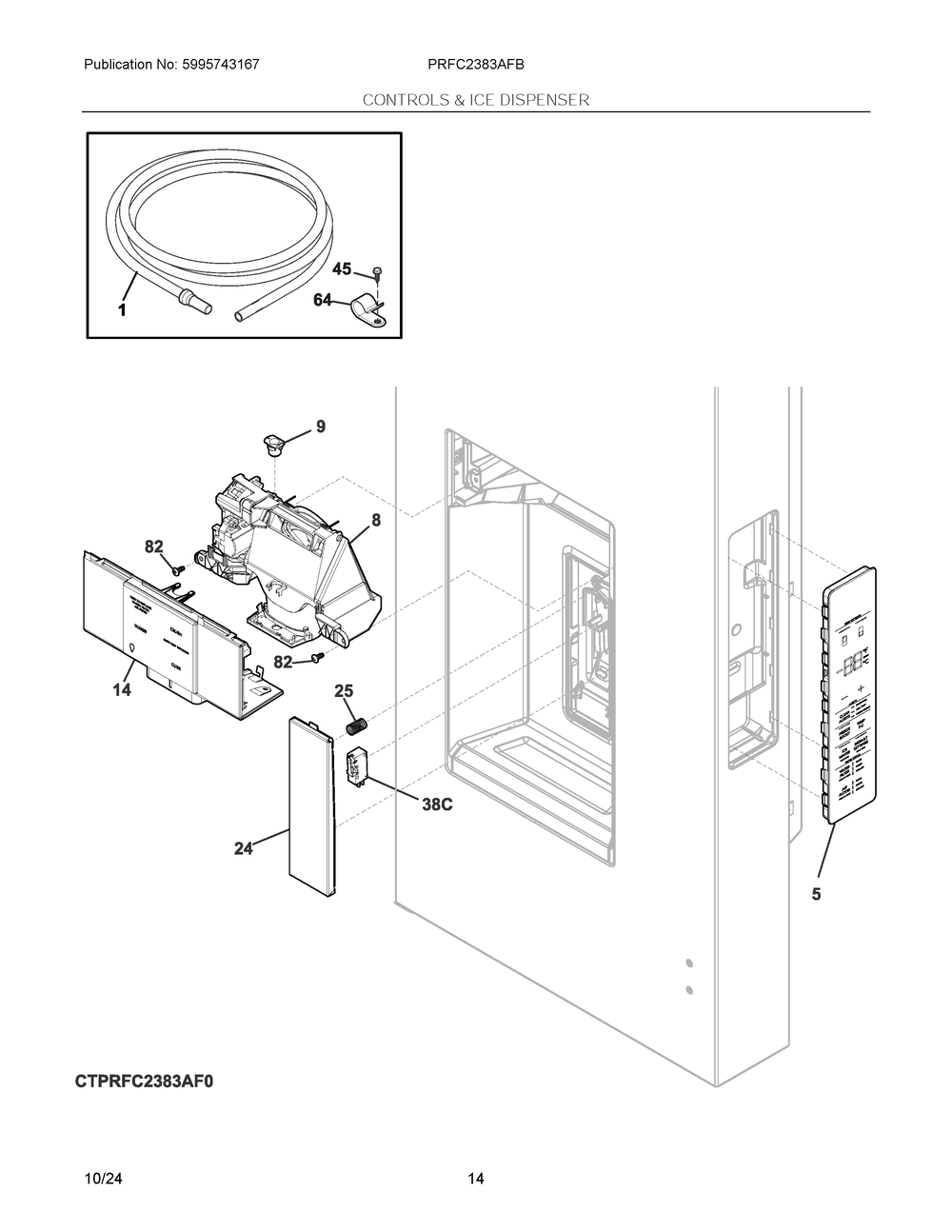 Controls And Ice Dispenser Diagram and Parts List for PRFC2383AFB  Frigidaire Refrigerator